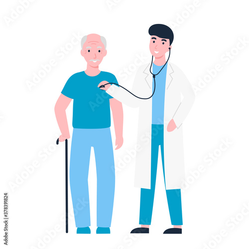 Doctor listening to patient's chest with stethoscope. Doctor and grandfather patient. Flat vector cartoon illustration.