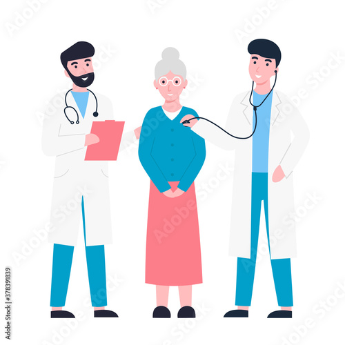 Doctors listening to patient's chest with stethoscope. Doctors and grandmother patient. Flat vector cartoon illustration.