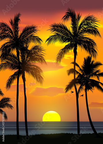 Summer tropical beach background with palms, sky sunrise and sunset. Summer party placard poster flyer invitation card. Summertime, vector illustration. © MarySan