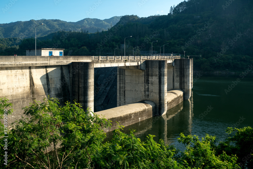 dramatic image of the Jiguey Dam in the caribbean mountains of the dominican republic.