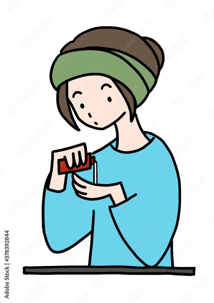 スキンケアで美容液を手にする手描きカラーイラスト スキンケアで美容液を手にする手描きカラーイラスト