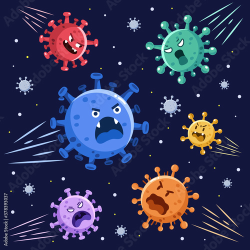 Set of Corona Virus illustration. Coronavirus with faces vector. Covid-19 on dark background.