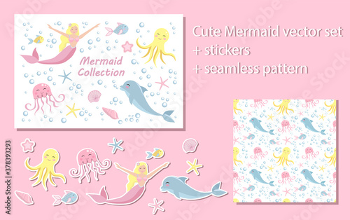 Cute set mermaid and dolphin, octopus, fish, jellyfish. underwater world collection