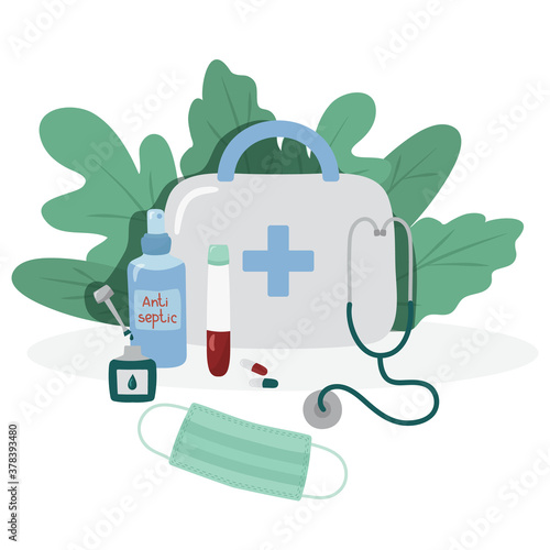 Medical vector illustration. First aid kit, stethoscope, antiseptic, test tube. Isolated.