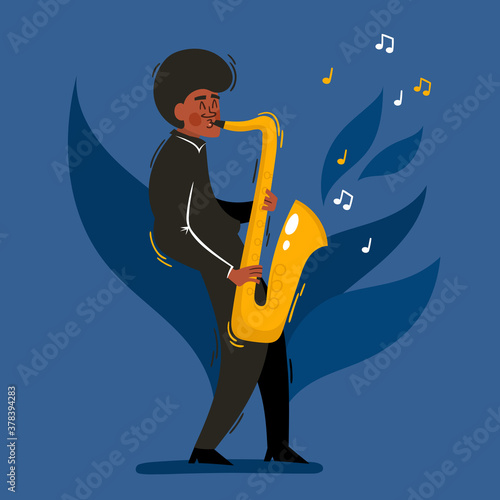 Vector cartoon illustration of african jazz, soul musician with saxophone