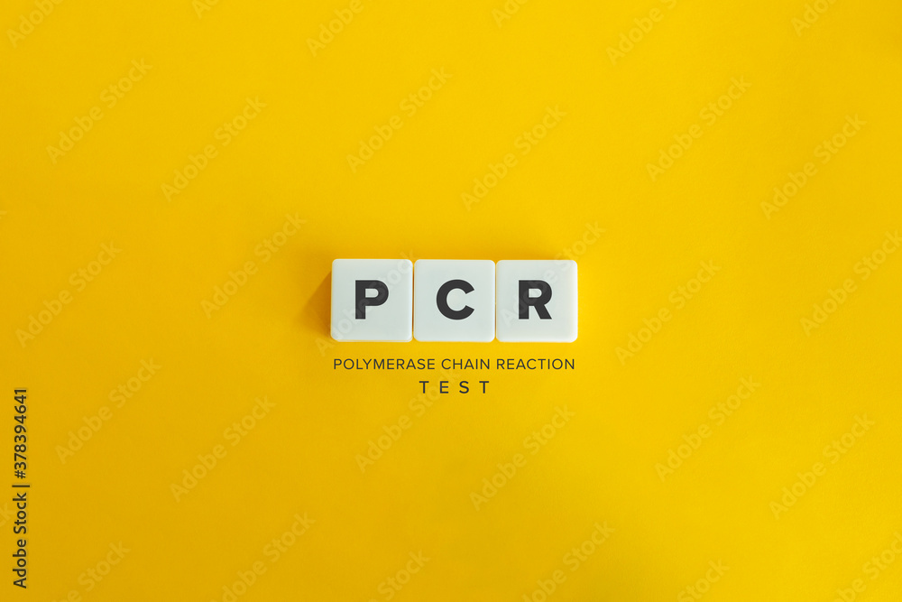PCR Test or Polymerase Chain Reaction Test Banner. Block Letters on Yellow Background. Minimal Aesthetics. PCR Test or Polymerase Chain Reaction Test Banner. Block Letters on Yellow Background. Minimal Aesthetics.