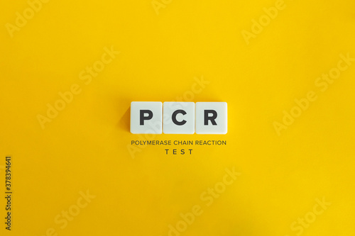 PCR Test or Polymerase Chain Reaction Test Banner. Block Letters on Yellow Background. Minimal Aesthetics. photo