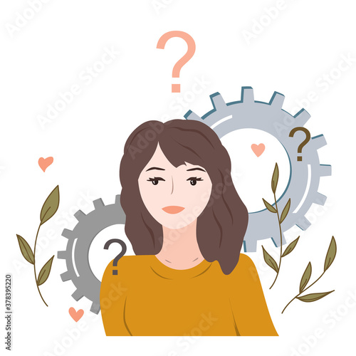 Pretty Woman thinking about some problem. The search for an answer concept, vector illustration. Female head with gears signs. Generation of ideas