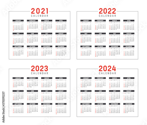 Years 2021 2022 2023 2024 minimalist calendars set, isolated on white, weeks start Sunday. Vector templates.