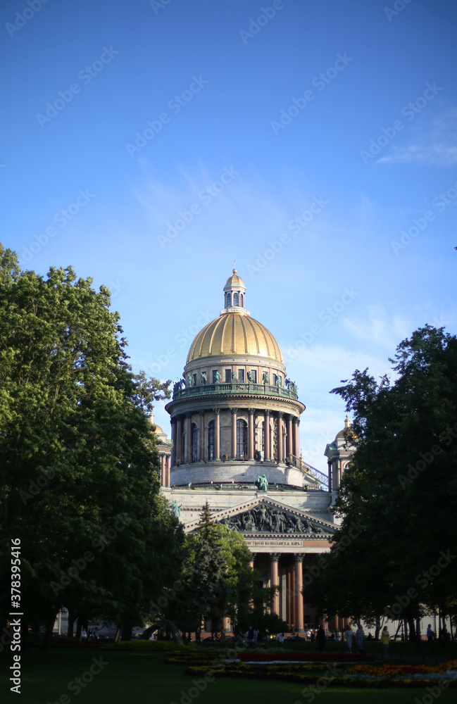 Beautiful view of St. Isaac Cathedral in St. Petersburg, Russia at sunset. Russian orthodox church. Historic architecture.
