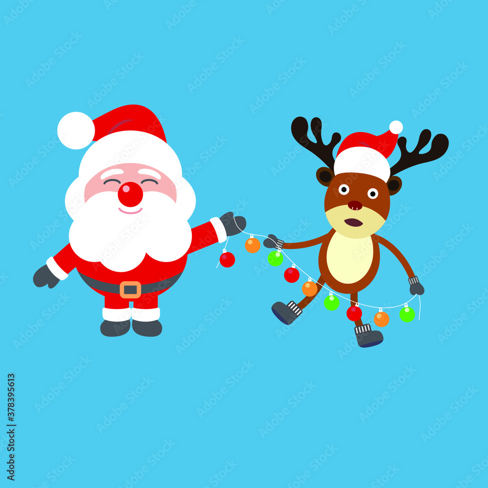 Santa and reindeer bring lights to decorate the Christmas tree Santa and reindeer bring lights to decorate the Christmas tree