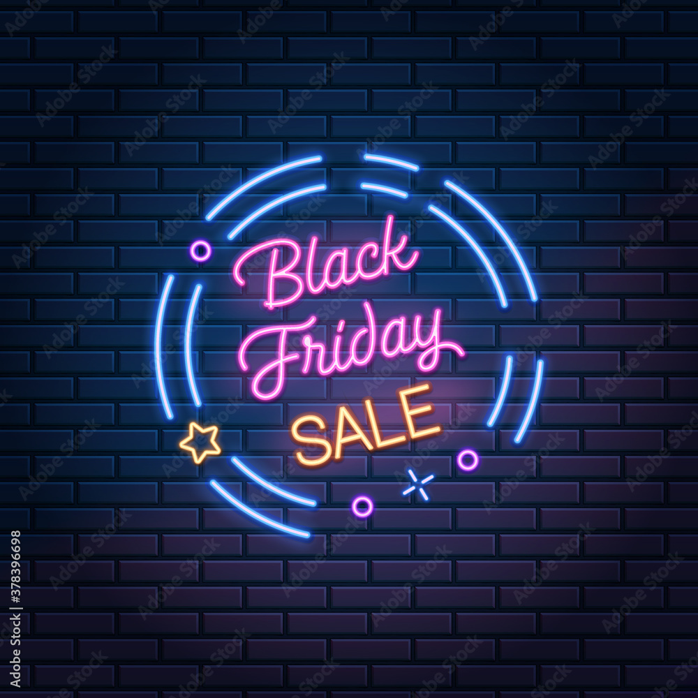 Obraz premium Black Friday Sale glowing neon sign on dark brick wall background, vector illustration. Shopping discount advertising banner.
