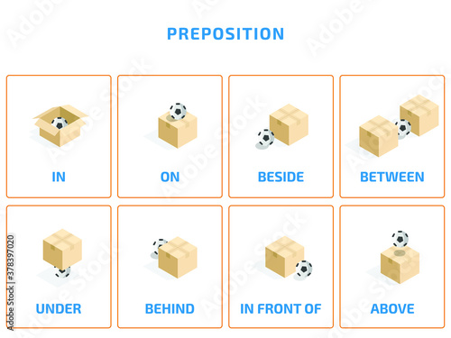 preposition English grammar learning vector illustration. with ball and box photo