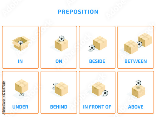 preposition English grammar learning vector illustration. with ball and box
