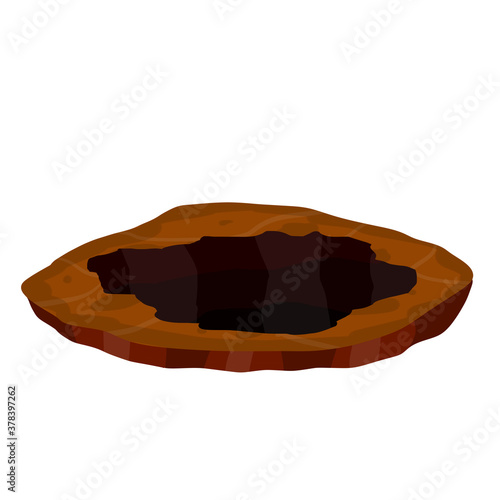 Big hole in ground. Brown dry soil and mine. Element of desert landscape. Cartoon illustration