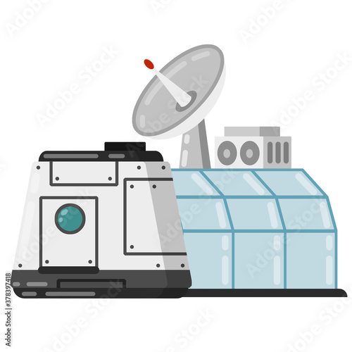 Marisan module. Spaceship, base, and living quarters. Cosmonaut colony and dome. Radar and dome. Flat cartoon. Space flight and Mars colonization. Future and science