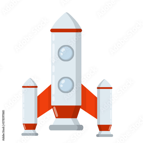 Rocket. Spaceship with porthole. Flight into space. Scientific discovery and colonization of planets. Children drawing. Red-and-white flat cartoon spacecraft