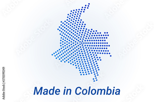Map icon of Colombia. Vector logo illustration with text Made in Colombia. Blue halftone dots background. Round pixels. Modern digital graphic design.