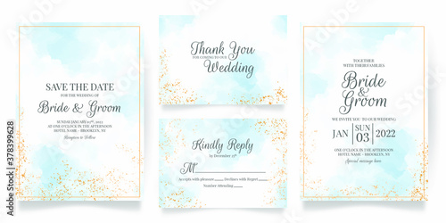 watercolor creamy wedding invitation card template set with golden floral decoration 