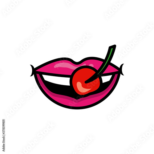 Pop art mouth biting cherry fill style icon