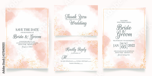 watercolor creamy wedding invitation card template set with golden floral decoration 