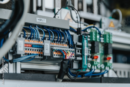 Close-up of electrical equipment with cables in laboratory at factory