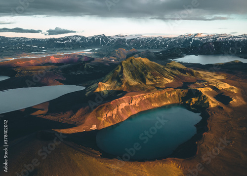 Aerial view of Hnausapollur Crater Lake in the Highlands of Iceland during the golden hour and sunset. Beautiful summer in Iceland. Tourism in the Nordic countries