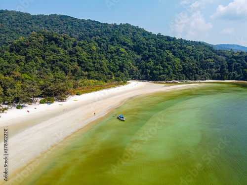 Myanmar, Mergui or Myeik Archipelago, Thel Ni Aw island, Coastline and turquoise sea, aerial view photo