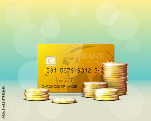 Credit card & gold coins banner. Banking hidden treasures icon. Finans riches icon. Plastic card software wealth badge. Debit card with electromagnetic chip. Privacy Electronic money funds transfer.