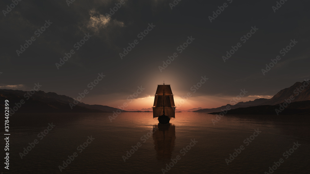 old ship at sea sunset illustration