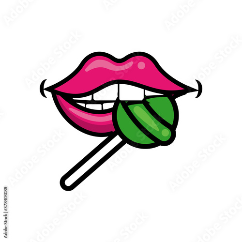 Pop art mouth biting sweet candy green lollipop fill style icon