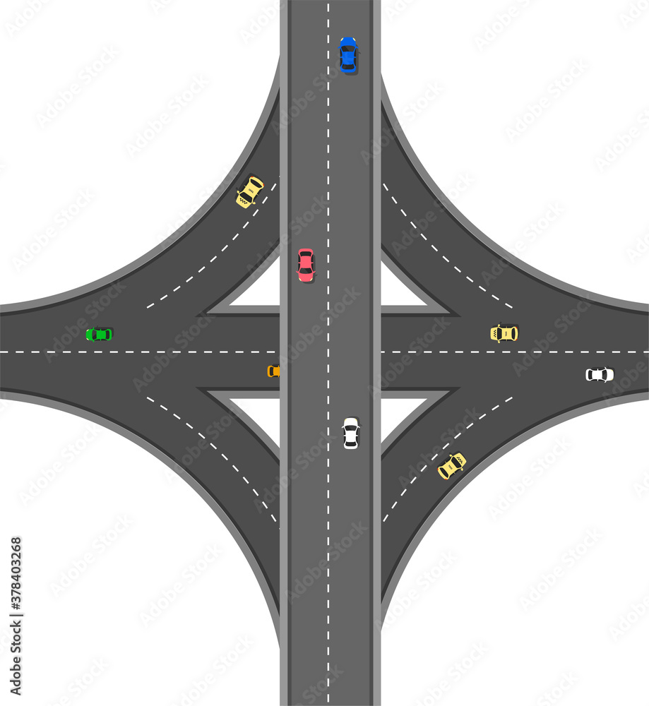 Naklejka premium Top view road with different cars. Autobahn and highway junction. City infrastructure with transportation elements. Vector illustration in a flat modern style. 