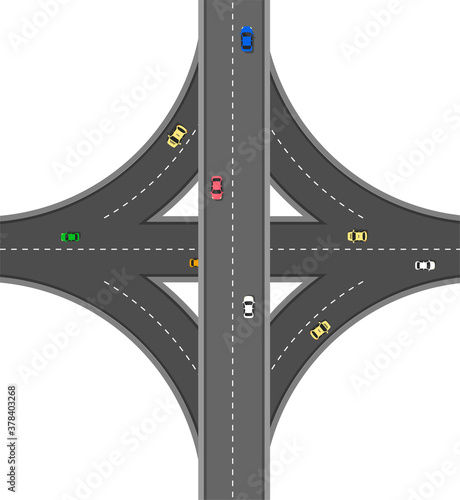 Top view road with different cars. Autobahn and highway junction. City infrastructure with transportation elements. Vector illustration in a flat modern style.	