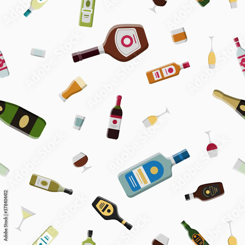 Alcohol drink - Vector color background (seamless pattern) of glass, bottle, wine, beer, champagne, whiskey, vodka, cognac and others for graphic design