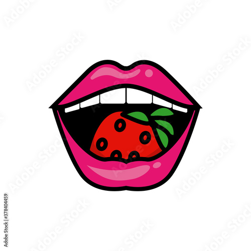 Pop art mouth eating strawberry fill style icon