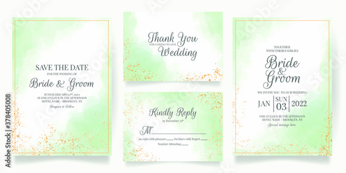 watercolor creamy wedding invitation card template set with golden floral decoration 