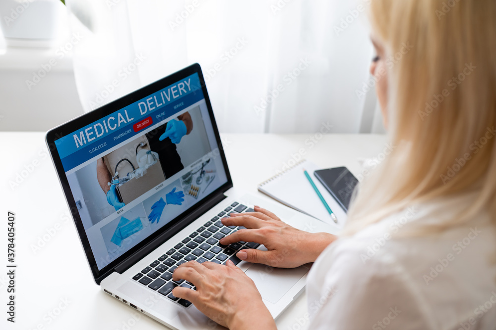 Woman Choosing Medication Online Pharmac. Purchase of drugs and medicine online. Woman Choosing Medication Online Pharmac. Purchase of drugs and medicine online.
