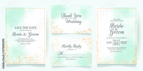 watercolor creamy wedding invitation card template set with golden floral decoration 