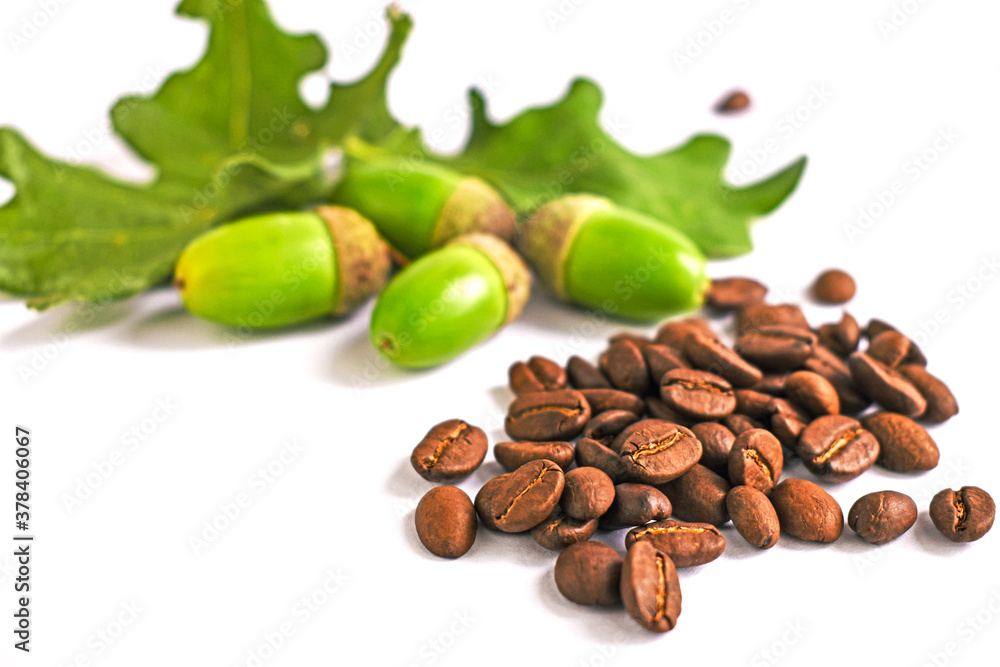 Obraz premium Green acorns and coffee beans on white background. Acorn coffee, homemade healthy drink. Roasted coffee beans. Health concept.