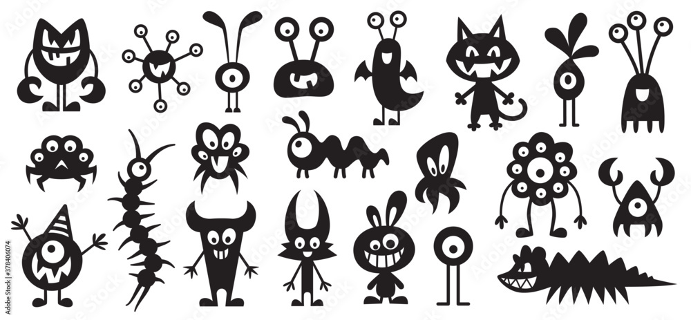 Halloween monster silhouettes collection. Cute and funny creatures. Black and white illustration