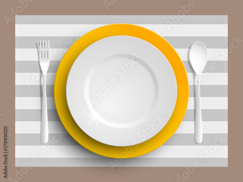 Plate, spoon and fork isolated on napkin background. Canteen icon. dining room badge. buffet icon. Here you can eat picture. Fast food restaurant badge. illustration
