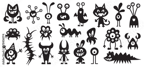 Halloween monster silhouettes collection. Cute and funny creatures. Black and white illustration