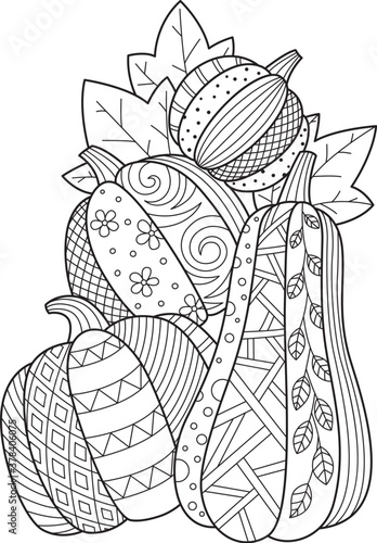 Pumpkin doodle coloring book page. Antistress for adults. Black and white illustration.