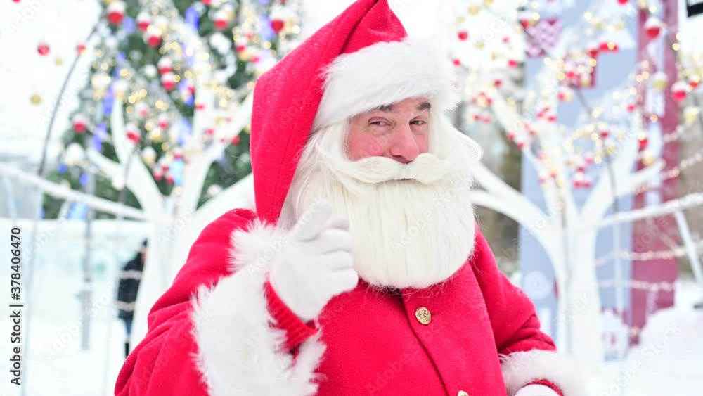 Portrait of an elderly man dressed as santa claus on the background of a christmas tree outdoors. Portrait of an elderly man dressed as santa claus on the background of a christmas tree outdoors.