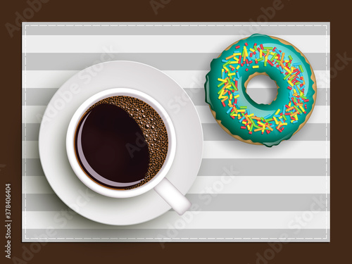 Cup of coffee on warfare dish, donut in glaze. Breakfast image, top view. Morning drink with sweetness. Hot coffee cup on white platter, donut glaze. Light snack top banner. Still life dessert