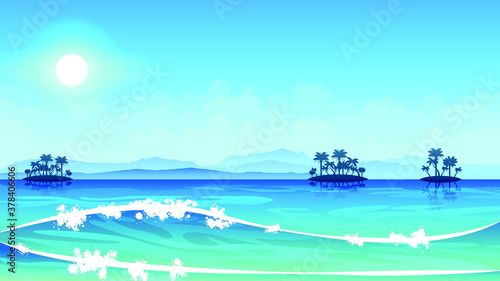 Abstract Ocean Sea Background Vector With Wave Palm Trees Sun Mountains And Clouds Design Style Landscape