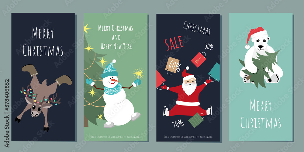 Fototapeta premium A set of templates for greeting banners, flyers, cards Merry Christmas and Happy New Year. Christmas sale.