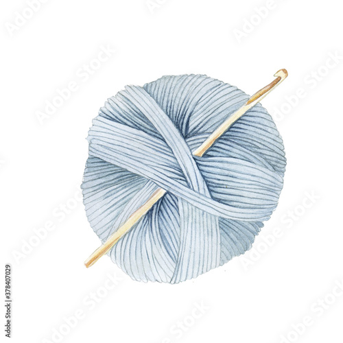 Fototapeta watercolor drawing of a skein of woolen yarn and a wooden crochet hook