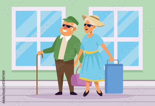 old couple with suitcases in the house active seniors characters