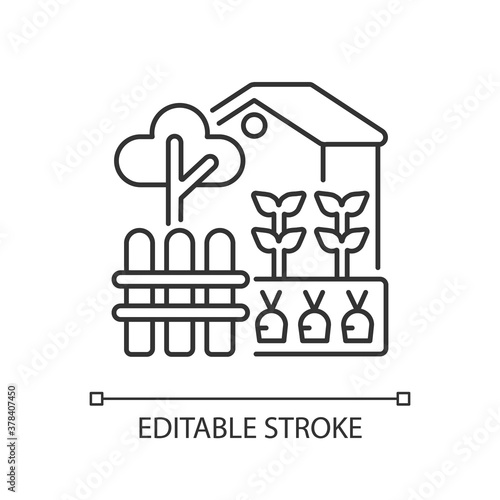 Backyard garden linear icon. Urban farming at home yard. Agriculture for hobby. Cultivate plants. Thin line customizable illustration. Contour symbol. Vector isolated outline drawing. Editable stroke